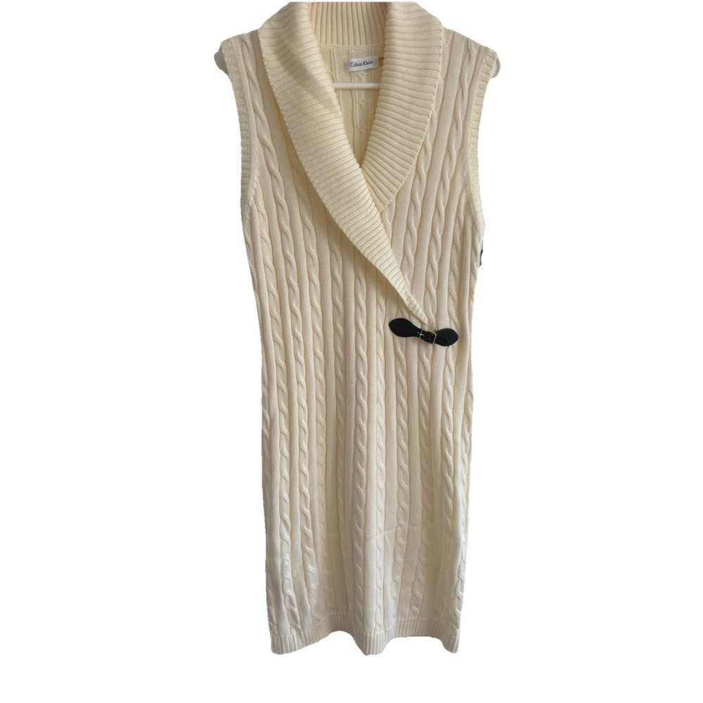 Calvin Klein Ivory Sleeveless Cable knit Sweater Dress Large Shawl Collar NEW